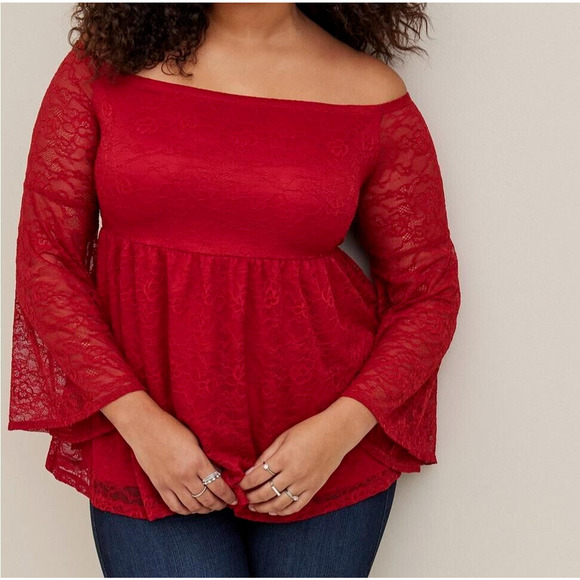 torrid Tops - Torrid Womens Cherry Red Lace Off Shoulder Top Size 2X Babydoll Vampy Sexy